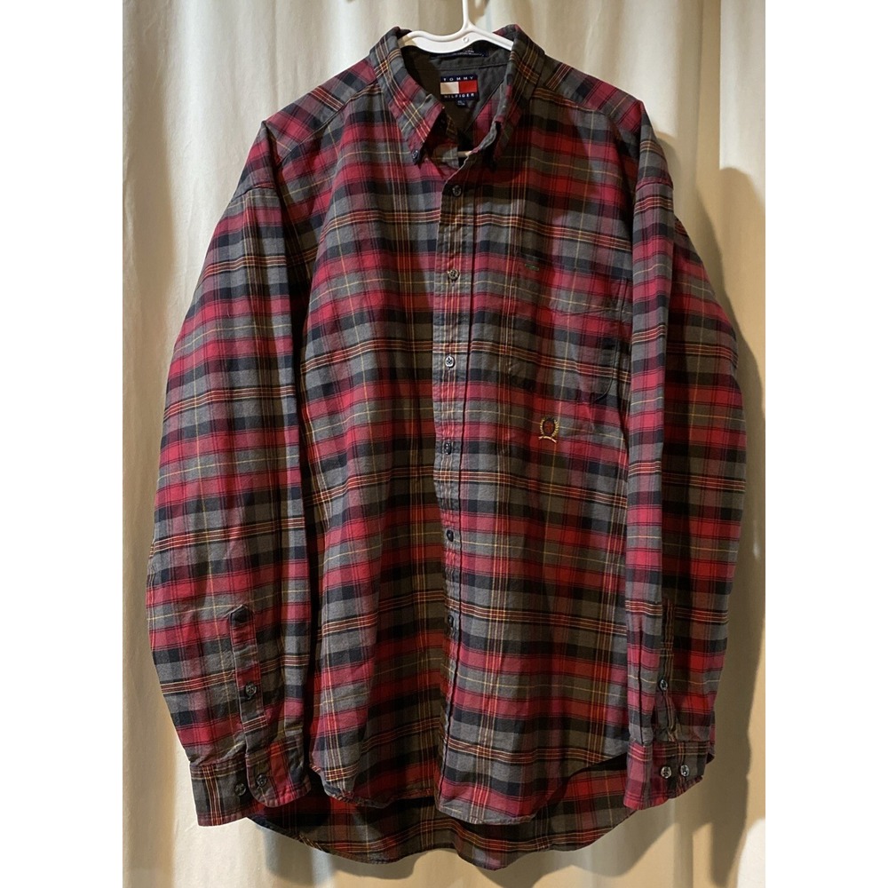 Vintage Tommy Hilfiger Plaid Shirt Men's XL 90s Long Sleeve Red Gray Logo Y2K